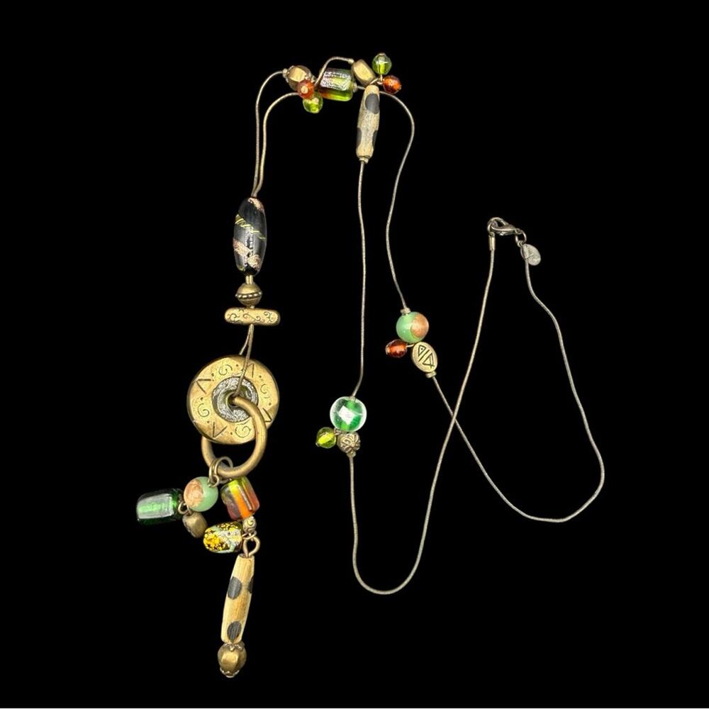 Chico’s Artisan Beaded Necklace Gold Green Art glass 23” drop